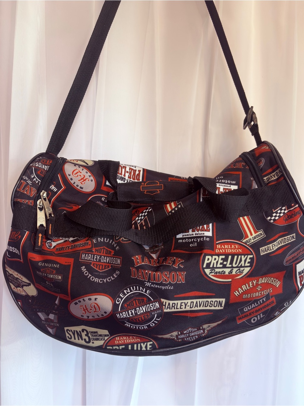 Harley-Davidson Black and Orange Logo Patchwork Duffel Bag